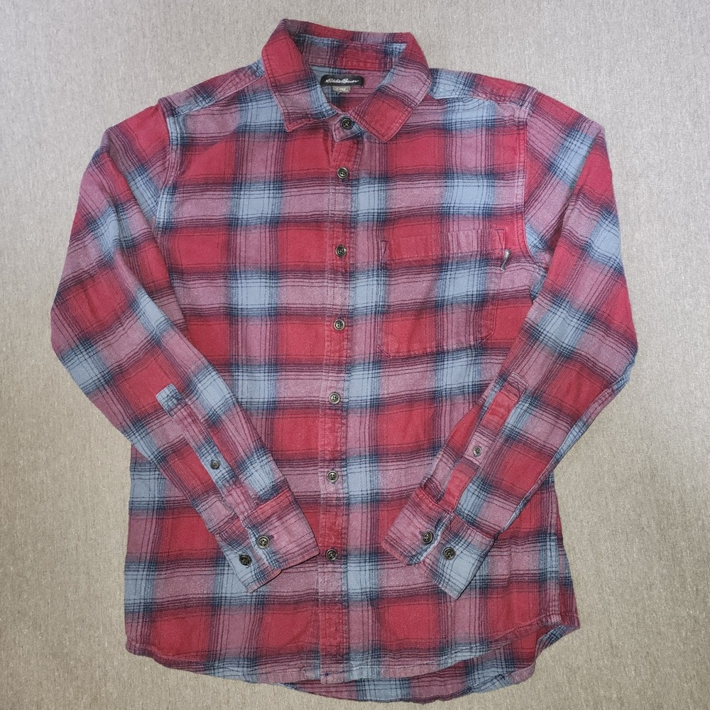 Eddie Bauer Mens Small Red Plaid Flannel Button Down Cotton Shirt LongSleeve